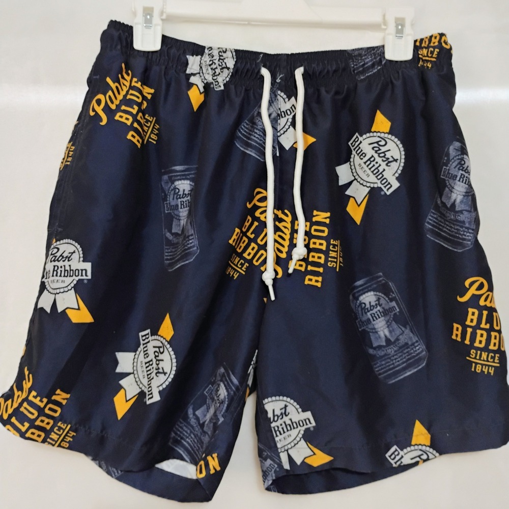 Pabst Blue Ribbon PBR Mens Navy Blue Swim Trunks Board Shorts Size Medium Mesh X